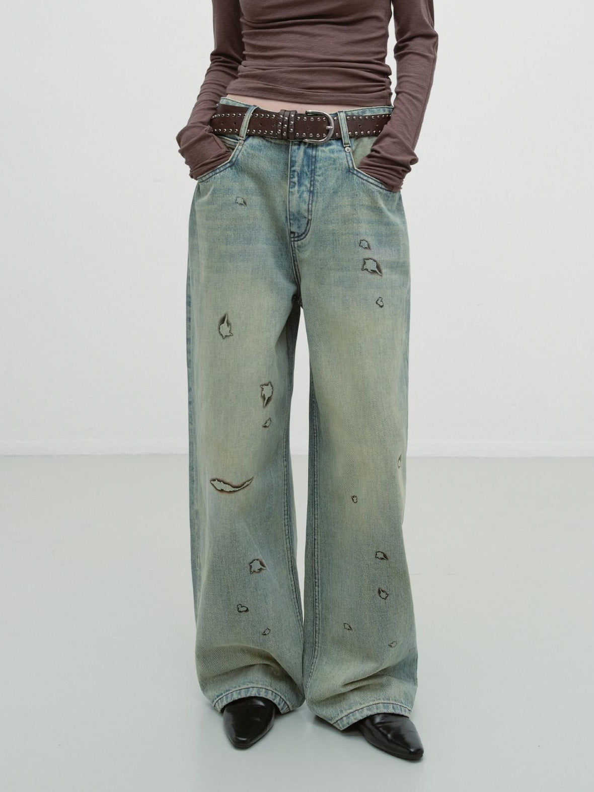 RUN TO THE FUTURE Durable Washed Low Rise Asymmetrical Vintage Unisex Printed Denim Wide-Leg Jeans