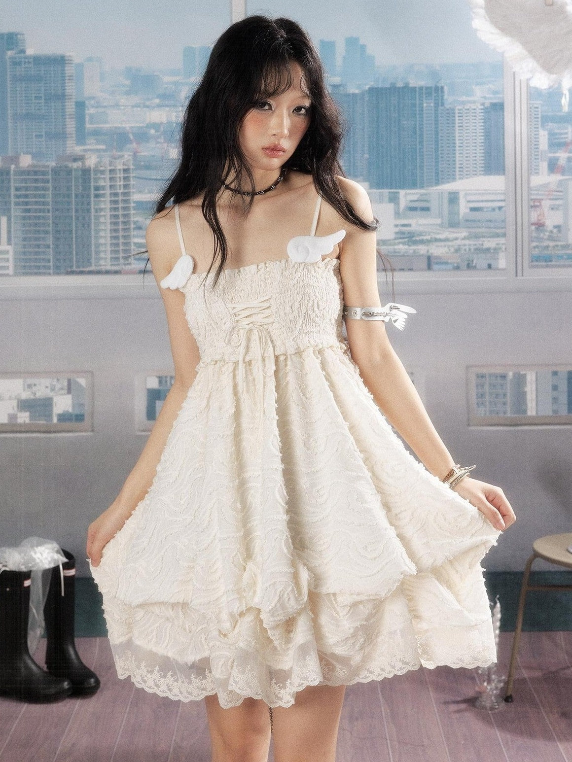 ALL iN plan Ivory Lace Panel Shirred Ruching Women&