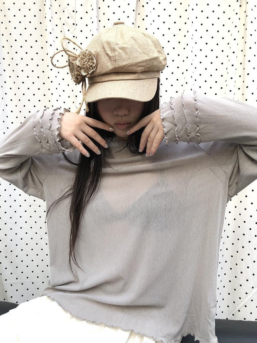 ang project Mocha Sheer Mesh Layered Ruffle Round Neck Women&
