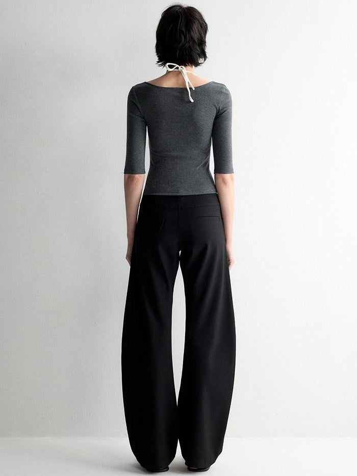 RUN TO THE FUTURE Soft Stretch Low Rise Minimal Loose Curved Tapered Women Classic Black Chinos