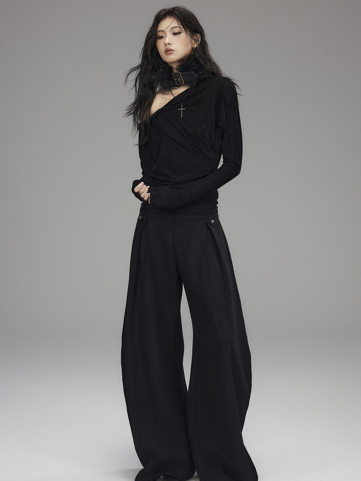 Low pixel Black Wool Blend Low Rise Zipper Casual Straight Hem Women Wide Leg Pants