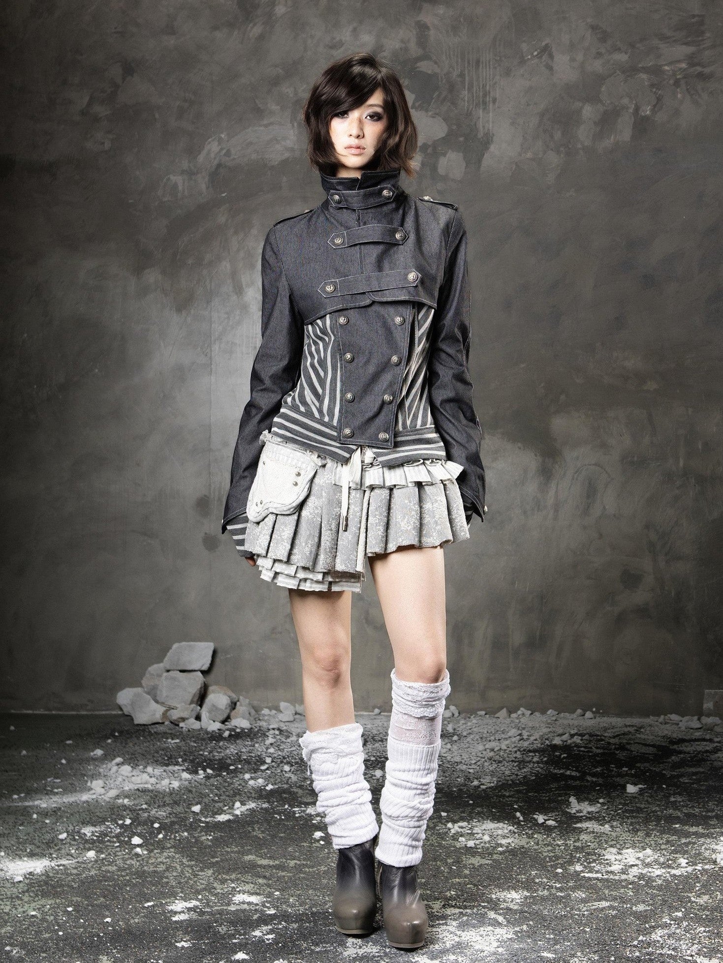 ARIADNAw Denim Blue Asymmetrical Striped Patchwork Original Design Women&