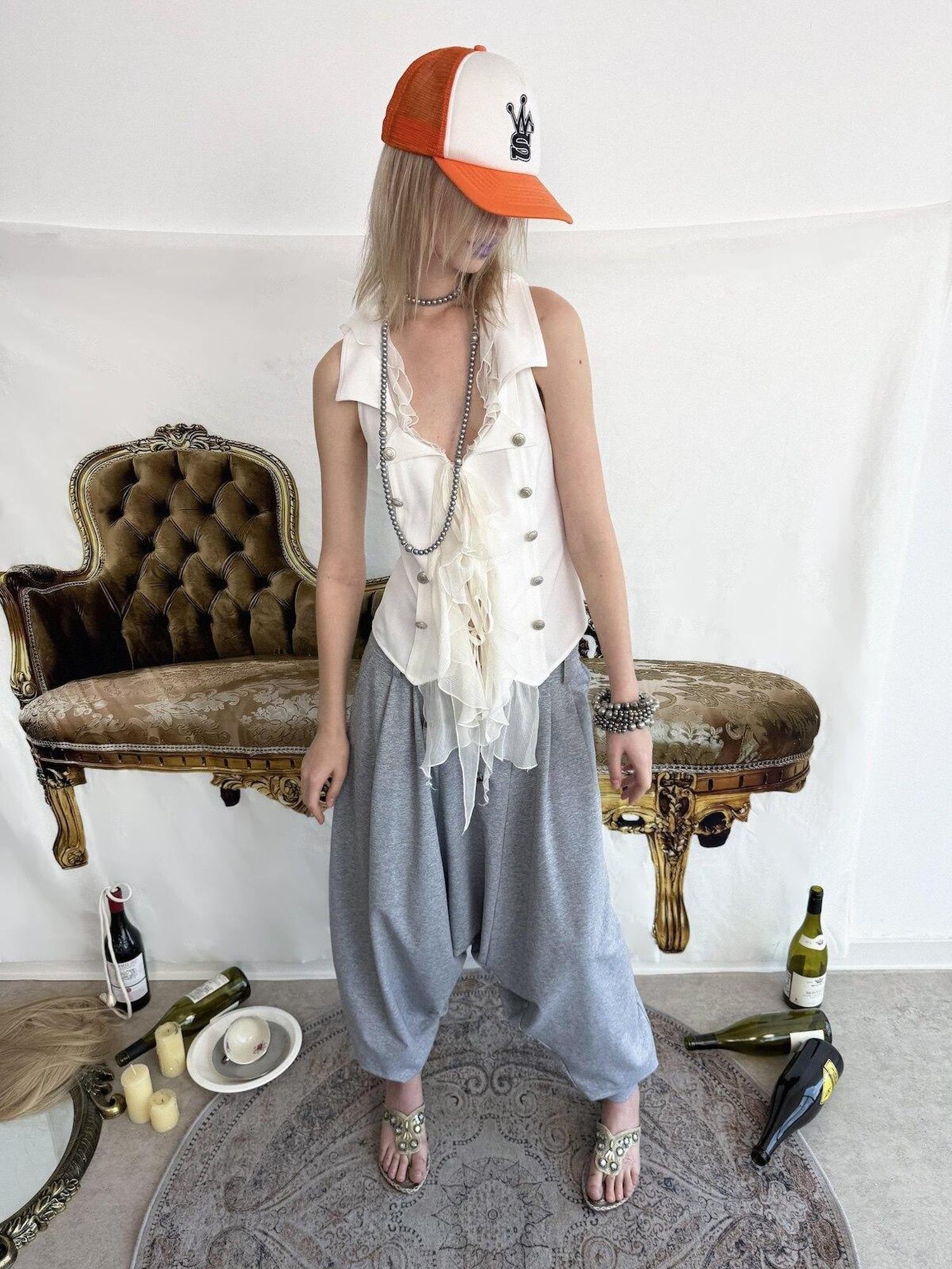 DoublePunch Ruffled Patchwork Slim Fit Vintage Blazer Sleeveless Women&