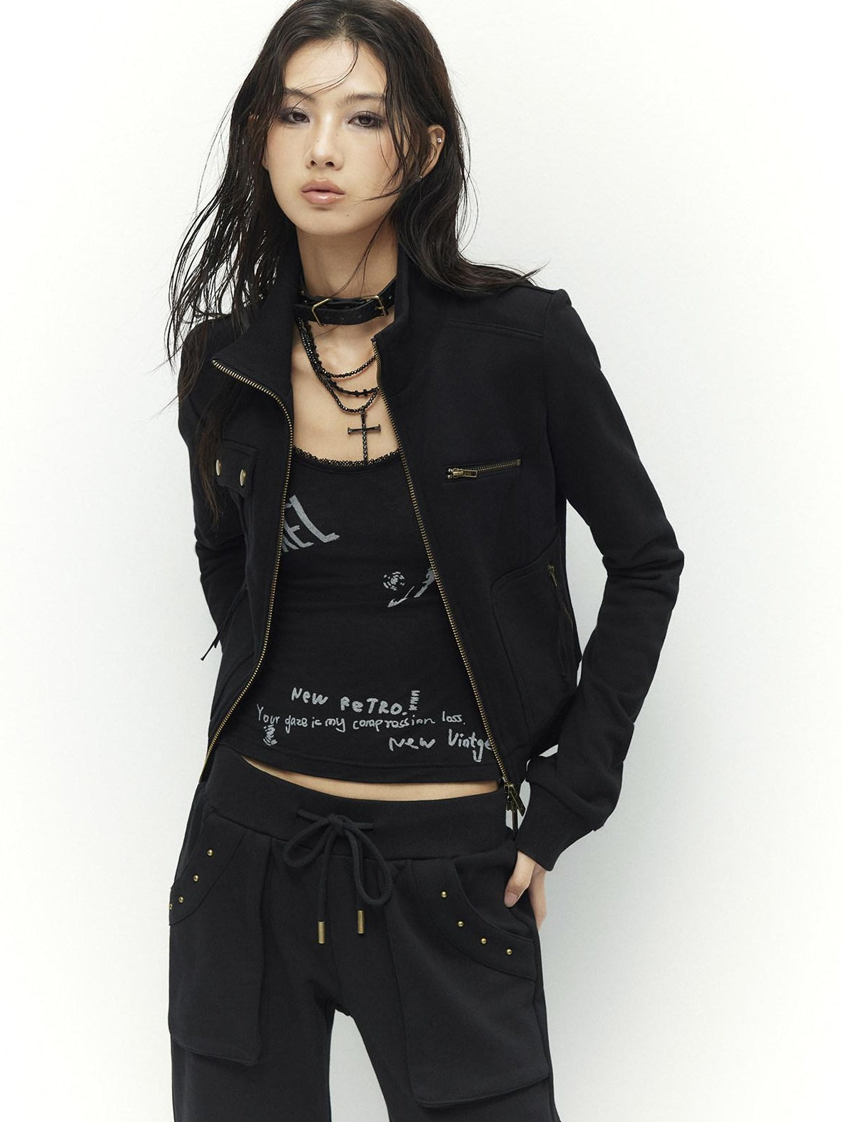 Low pixel Studded Slim Fit Zip Front Stand Collar Thick Cotton Black Top & Pants Sets