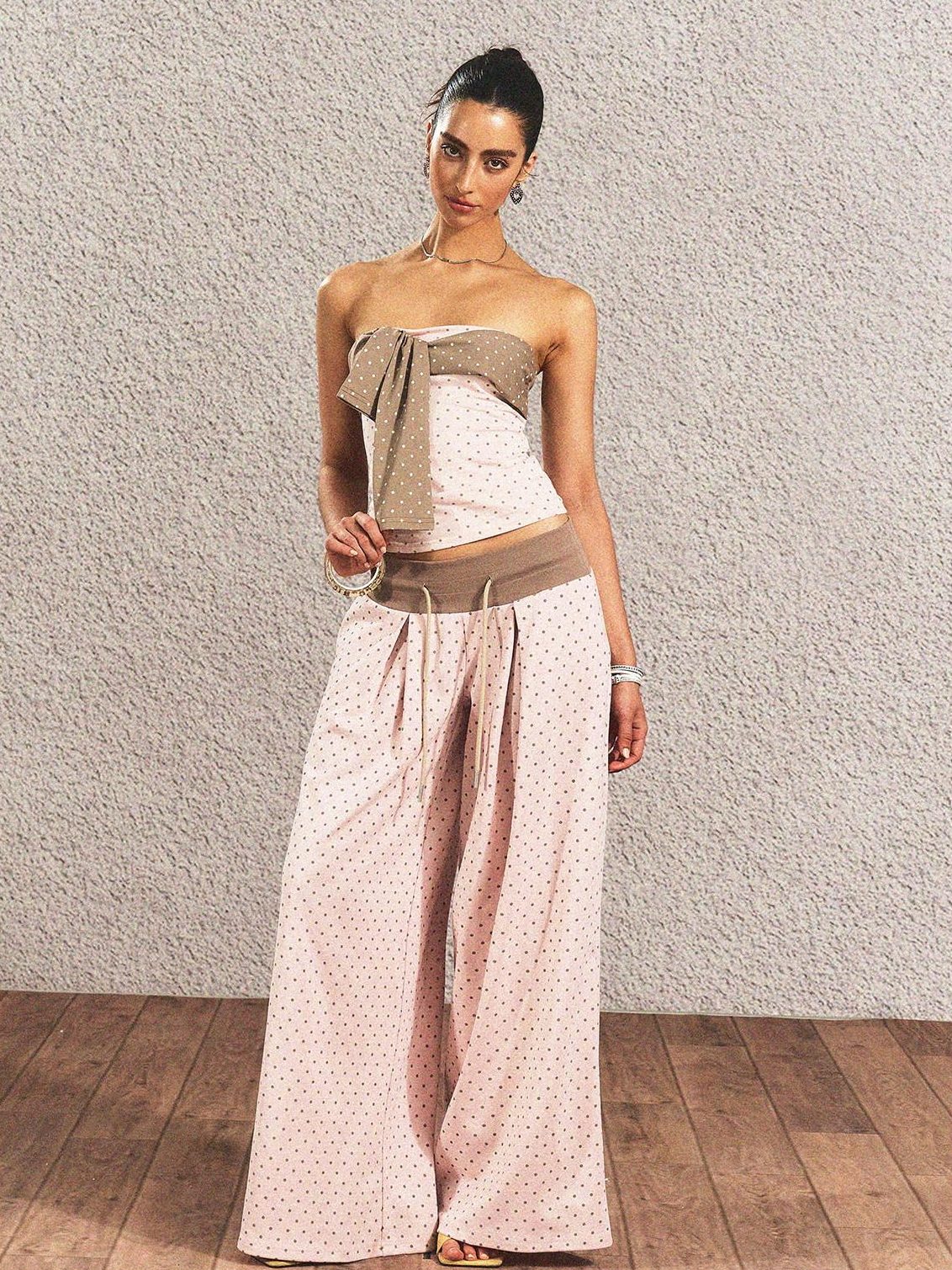 The NeverMore Polka Dot Cotton Two Piece Colorblock Sexy High Waist Pants Tube Tops