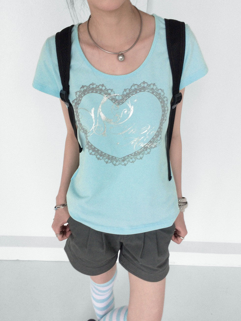innomoood Lace Print Silver Foil Heart Lettering Women&
