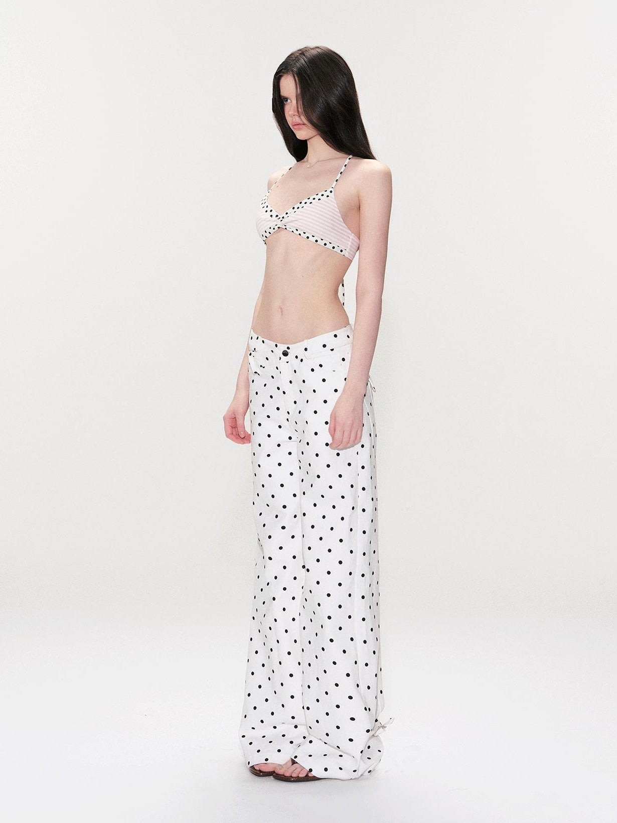 The NeverMore White Polka Dot V Waist Loose Fit Button Fly Women Denim Straight Leg Jeans