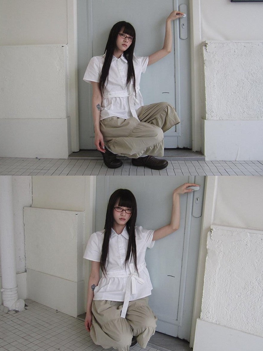 ang project Korean Turn Down Collar Single Button Tie Waist Women&