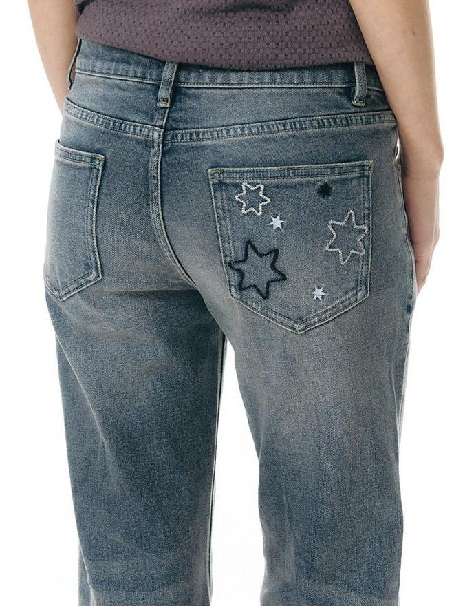 NAPSNAPS Washed Blue Star Embroidered Low Waist Micro Flare Women&