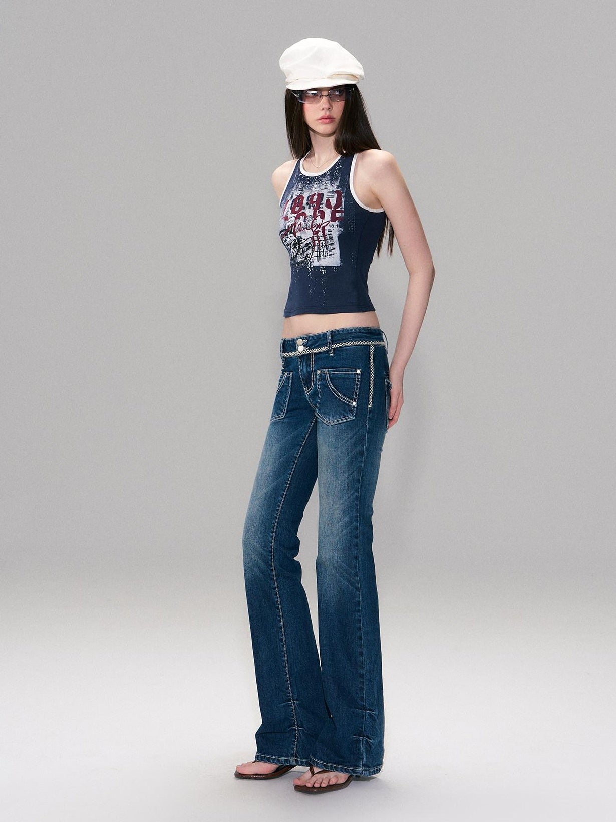 The NeverMore Soft Stretch Cotton Slim Fit Round Neck Printed Cropped Women Navy Camisoles