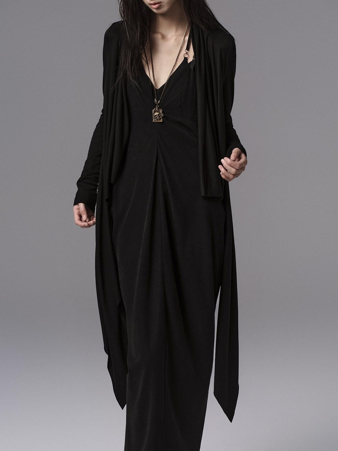 Low pixel Pure Cupro Slim Fit Dark Gothic Vneck Camisole Women Black Zip Back Maxi Dresses