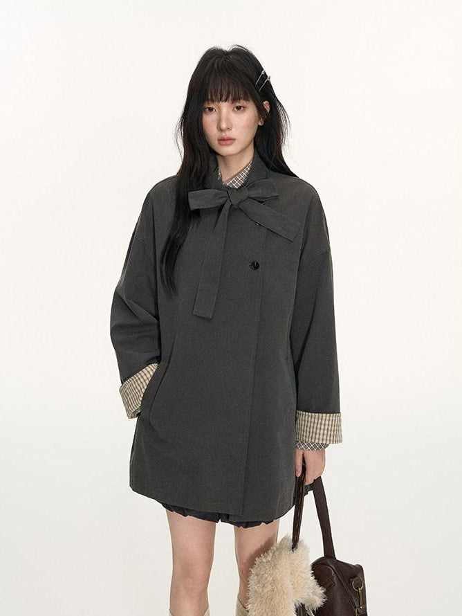 NAPSNAPS Bow Plaid Patchwork Tie Belt Stand Collar Midlength Women&