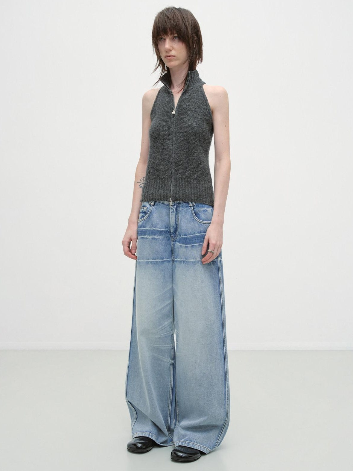 RUN TO THE FUTURE Washed Low Waist Casual Loose Fit Cotton Zipper Women Denim Blue Wide-Leg Jeans