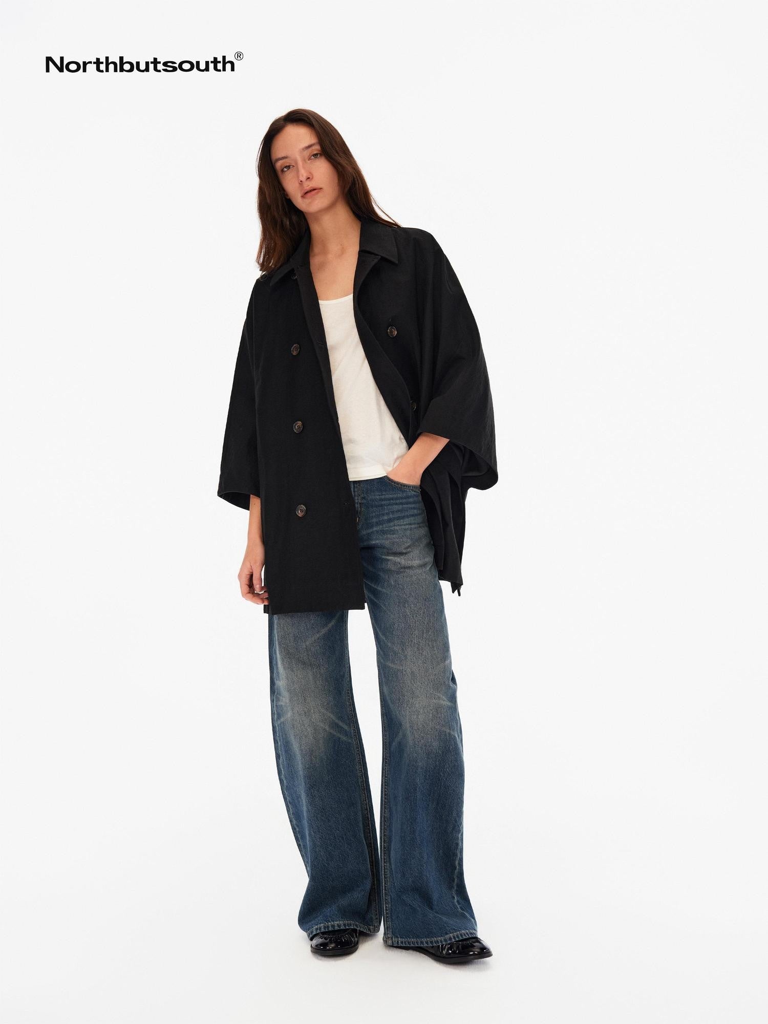 Northbutsouth Light Sheen Crinkle Double Breasted Batwing Women&