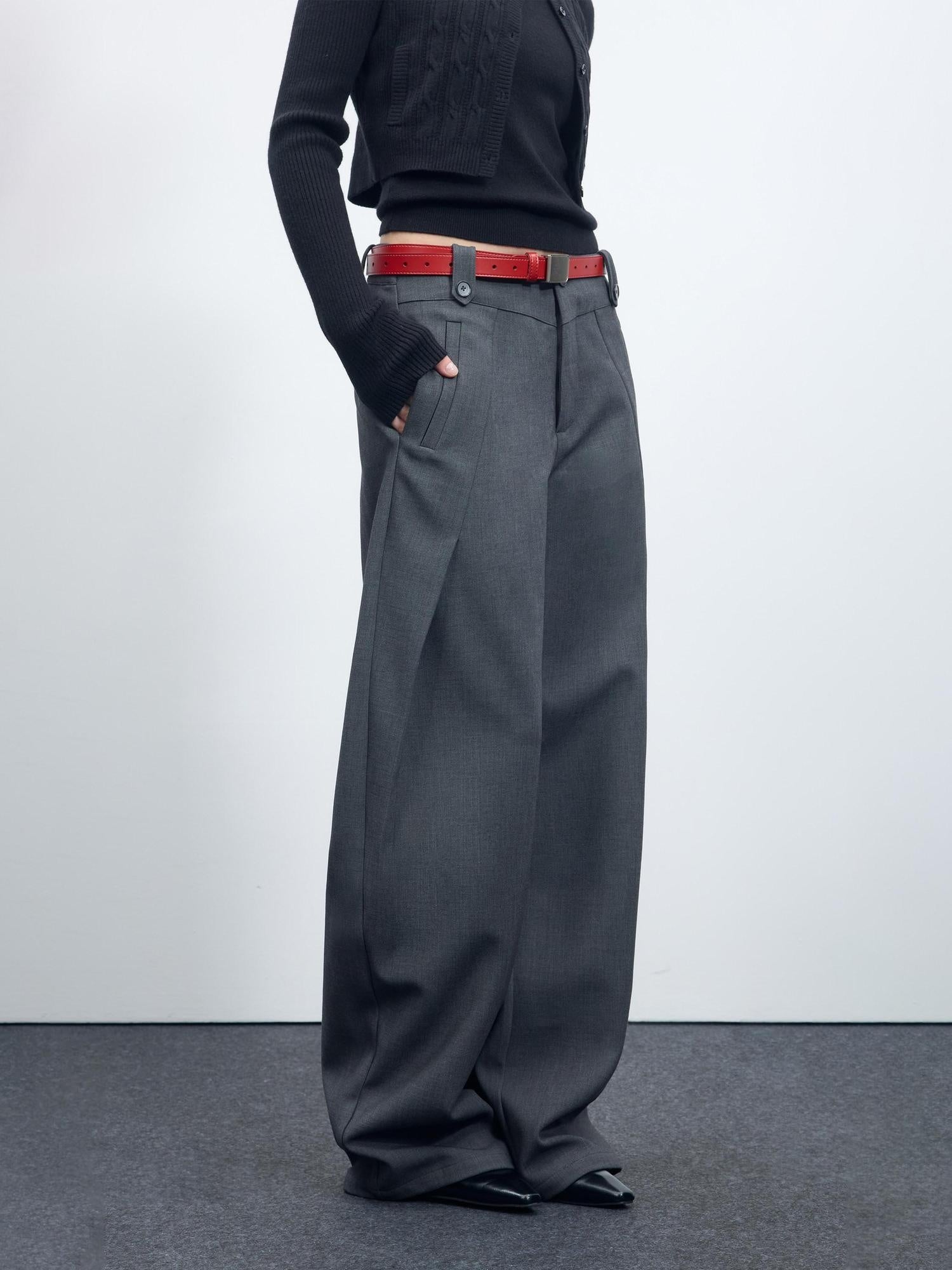 RUN TO THE FUTURE Flattering Mid Rise Minimalist Straight Cut Office Gray Black Wide-Leg Pants