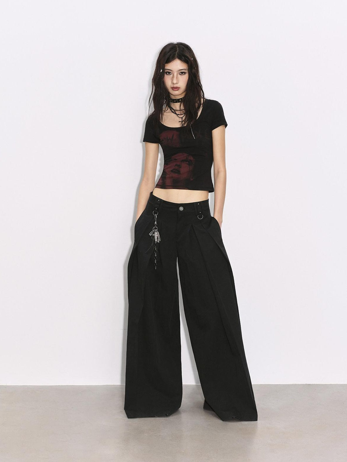 Low pixel Pleated Low Waist Relaxed Cotton Blend Black Women Wide Leg Pants