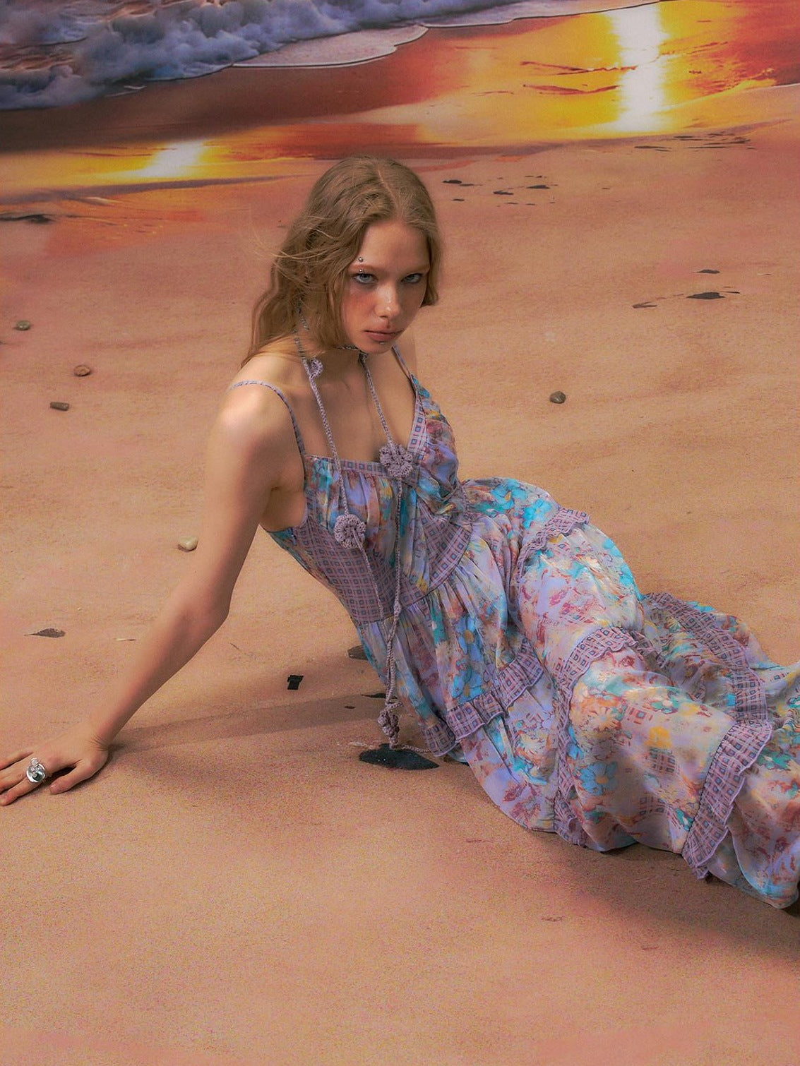 The NeverMore High Waist A Line V-neck Strappy Street Women Blue Purple Polyester Maxi Dresses