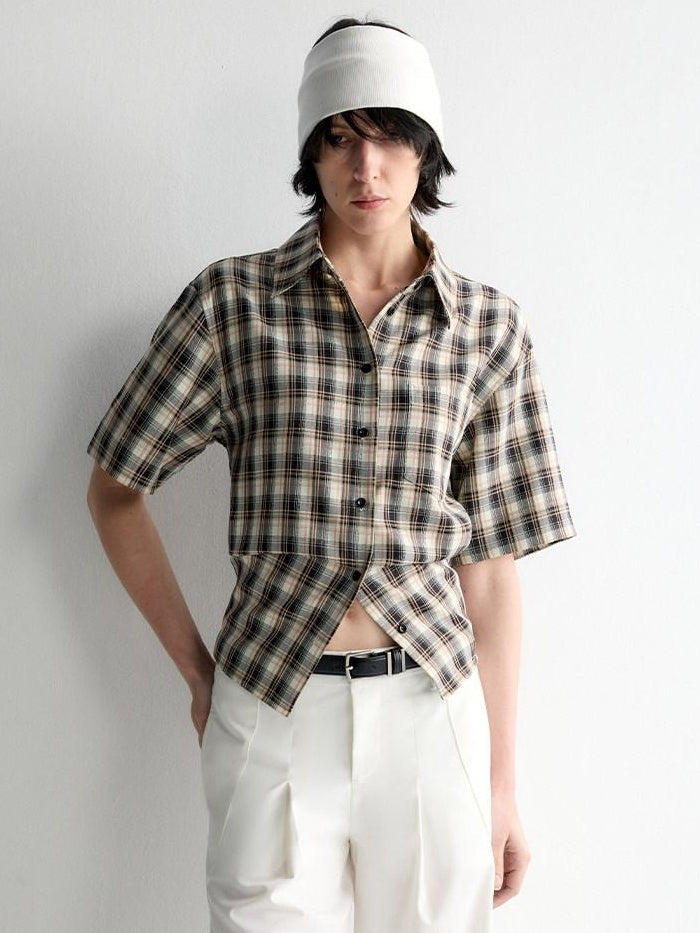 RUN TO THE FUTURE Skin Friendly Breathable Vintage Slim Tie Women Plaid Button Collar Shirts