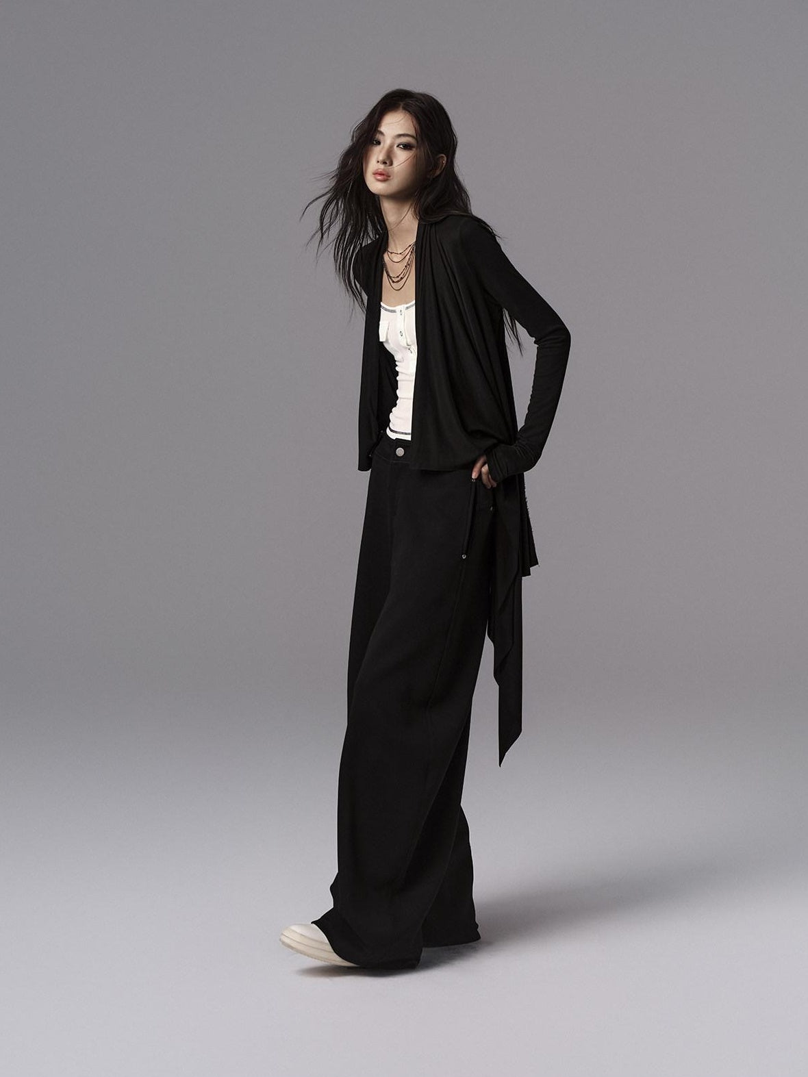 Low pixel Low Waist Dark Minimal Curved Button Fly Black Women Rayon Wide Leg Pants