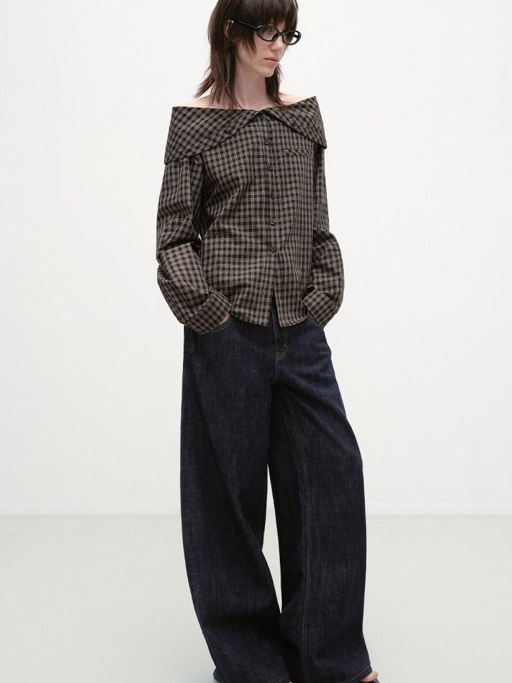 RUN TO THE FUTURE Original Design Breathable Cotton Loose Fit Plaid Bardot Womens Blouses