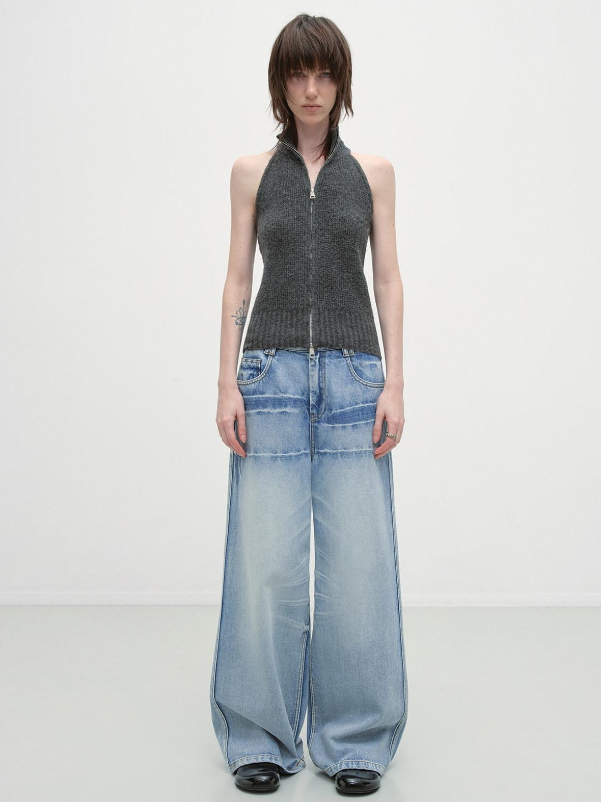 RUN TO THE FUTURE Washed Low Waist Casual Loose Fit Cotton Zipper Women Denim Blue Wide-Leg Jeans