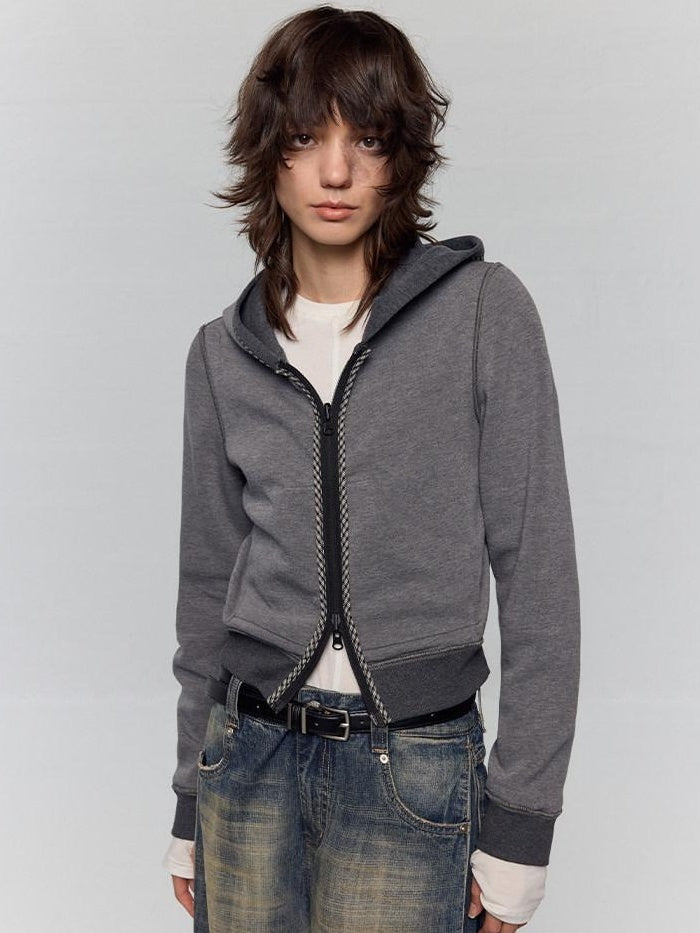 RUN TO THE FUTURE Slim Cropped Zip Hooded Pocket Commuter Vintage Gray Women Hoodies