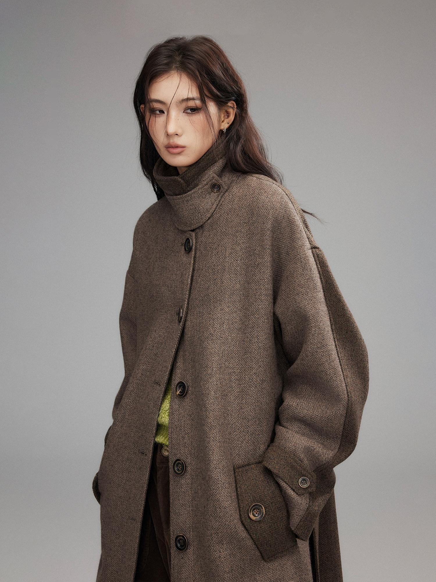 Low pixel Wool Blend Thick Colorblock Oversized Stand Collar Single Breasted Wool Coats