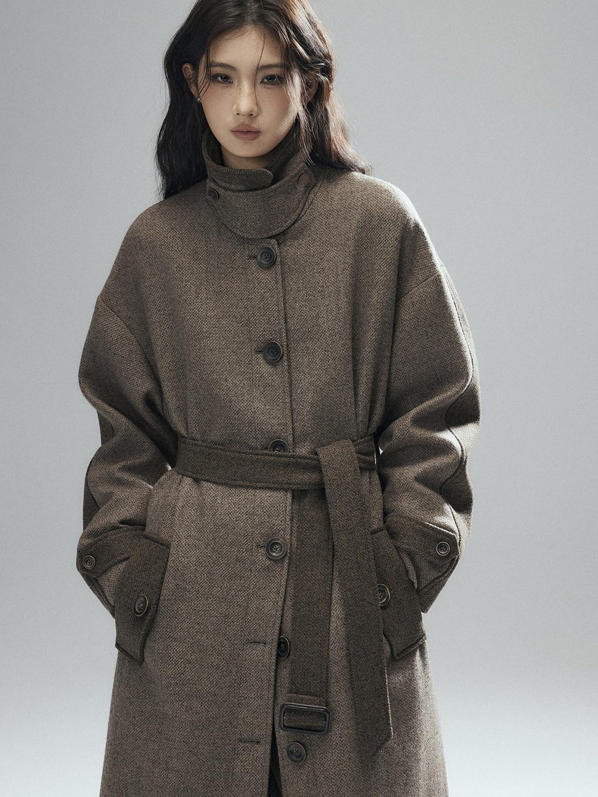 Low pixel Wool Blend Thick Colorblock Oversized Stand Collar Single Breasted Wool Coats