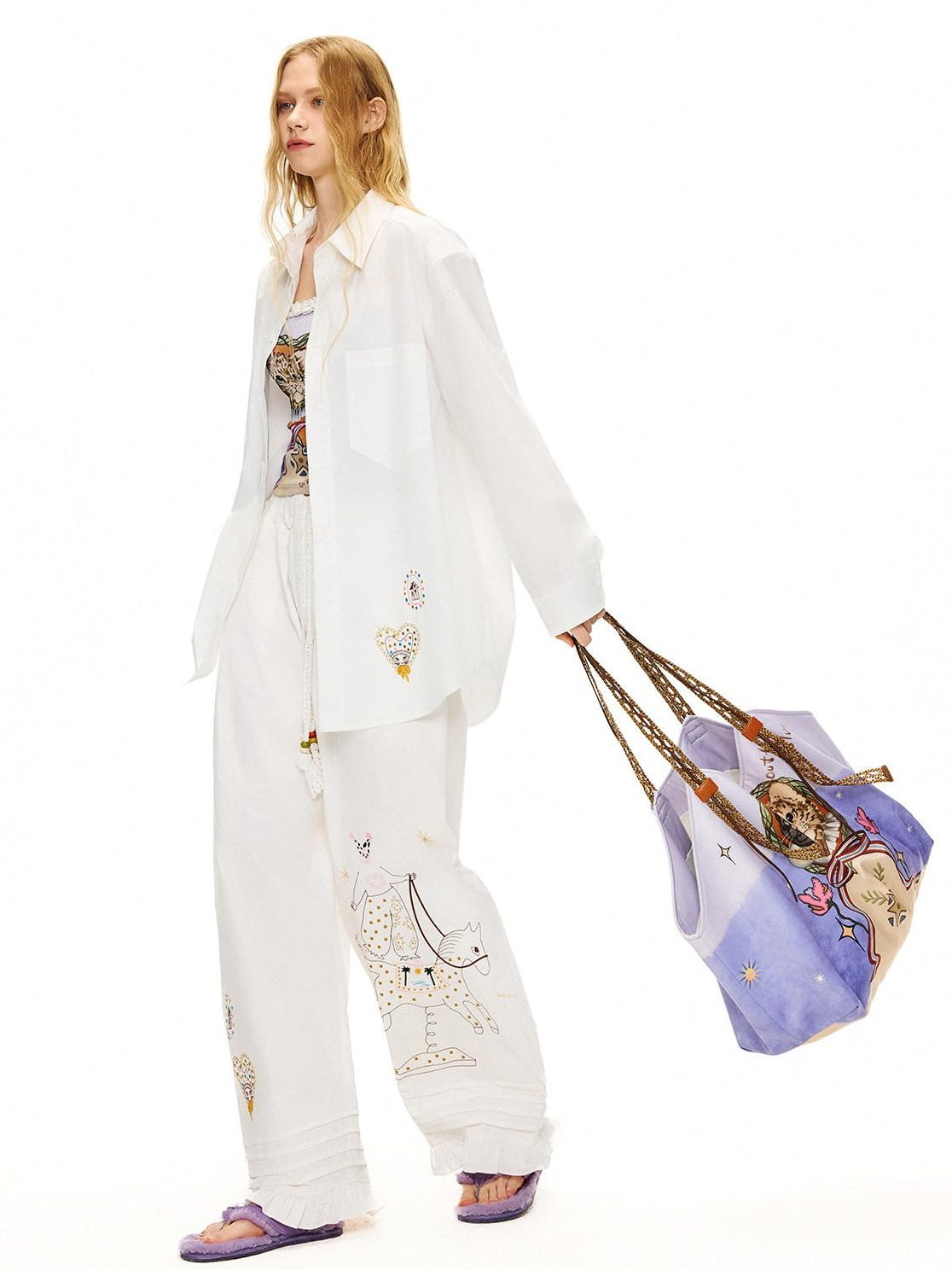 OuttheBlue Cute Cat Print Light Purple Roomy Square Double Strap Shoulder Women Tote Bags