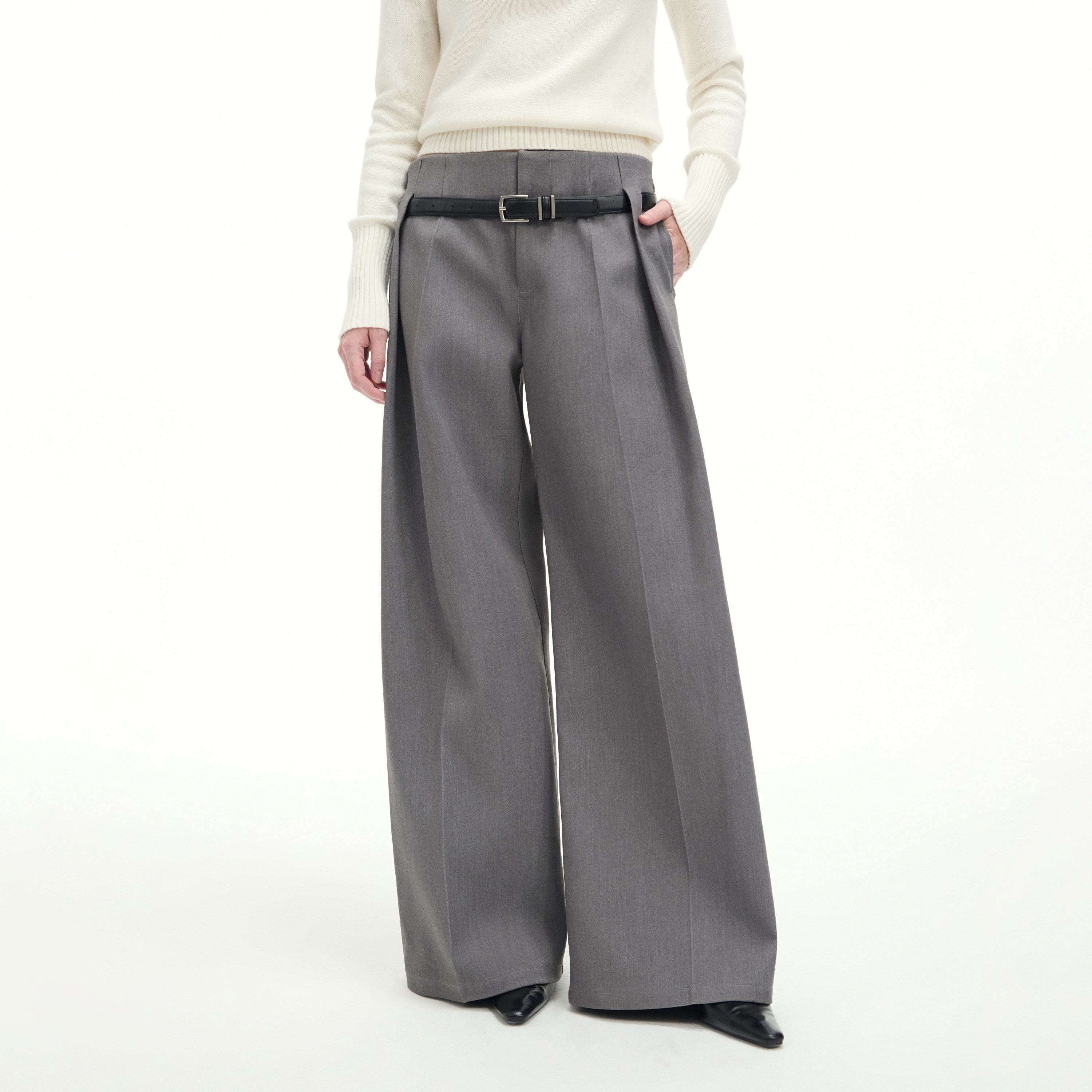 RUN TO THE FUTURE Low Rise Jacquard Minimal Casual Women Light Heather Gray Wide-Leg Pants