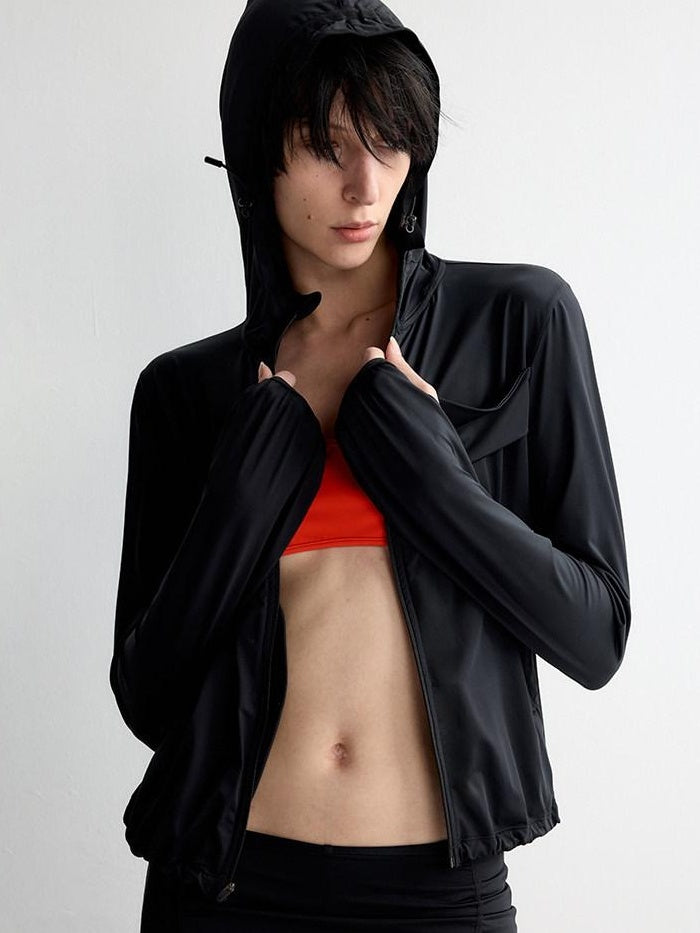RUN TO THE FUTURE Breathable Upf110 Protection Slim Fit Hooded Zip Cropped Female Black Hoodies