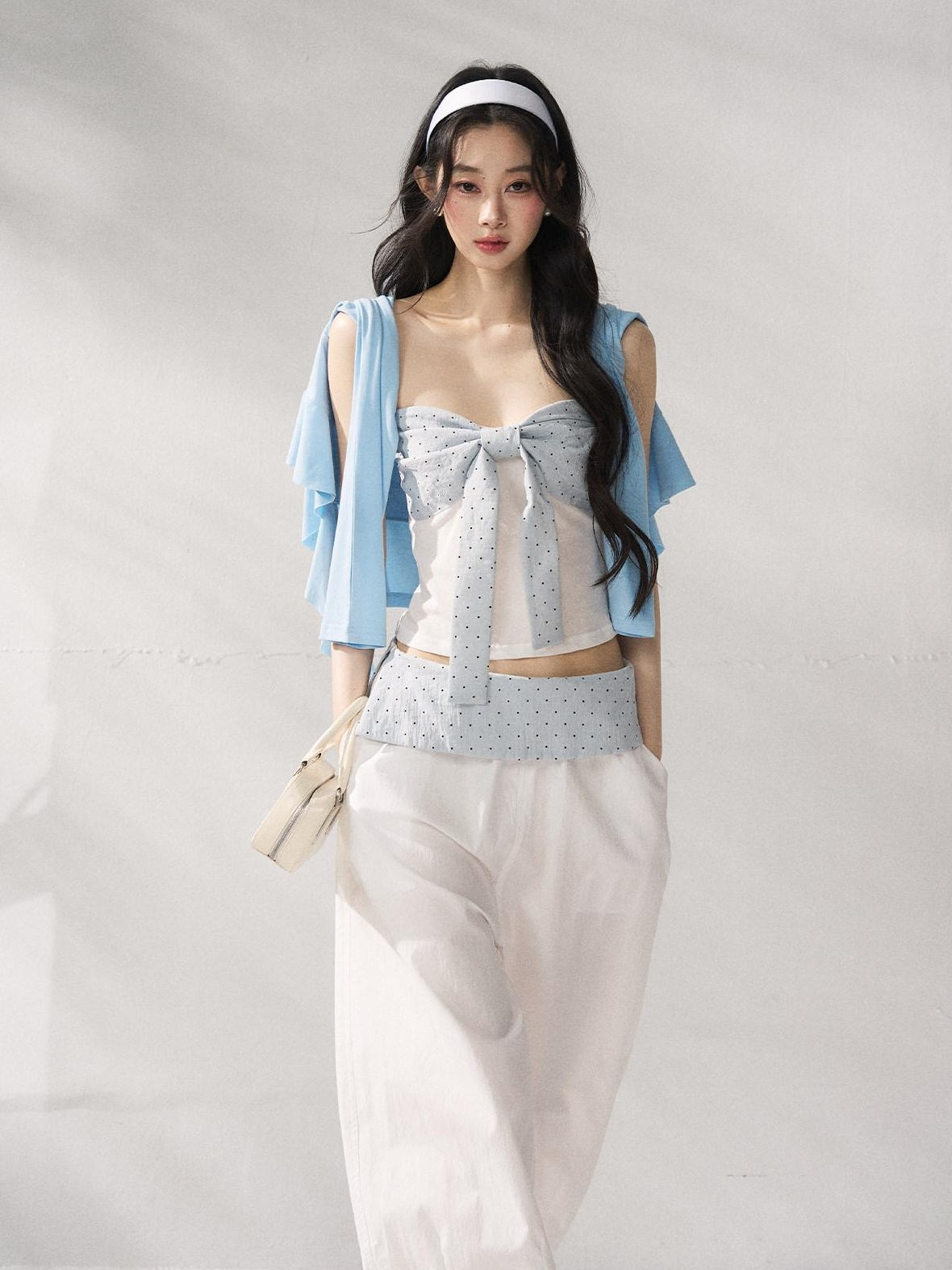 7Shiftin Polka Dot Bow Cropped Three Piece High Waist Sleeveless Women Top & Pants Sets