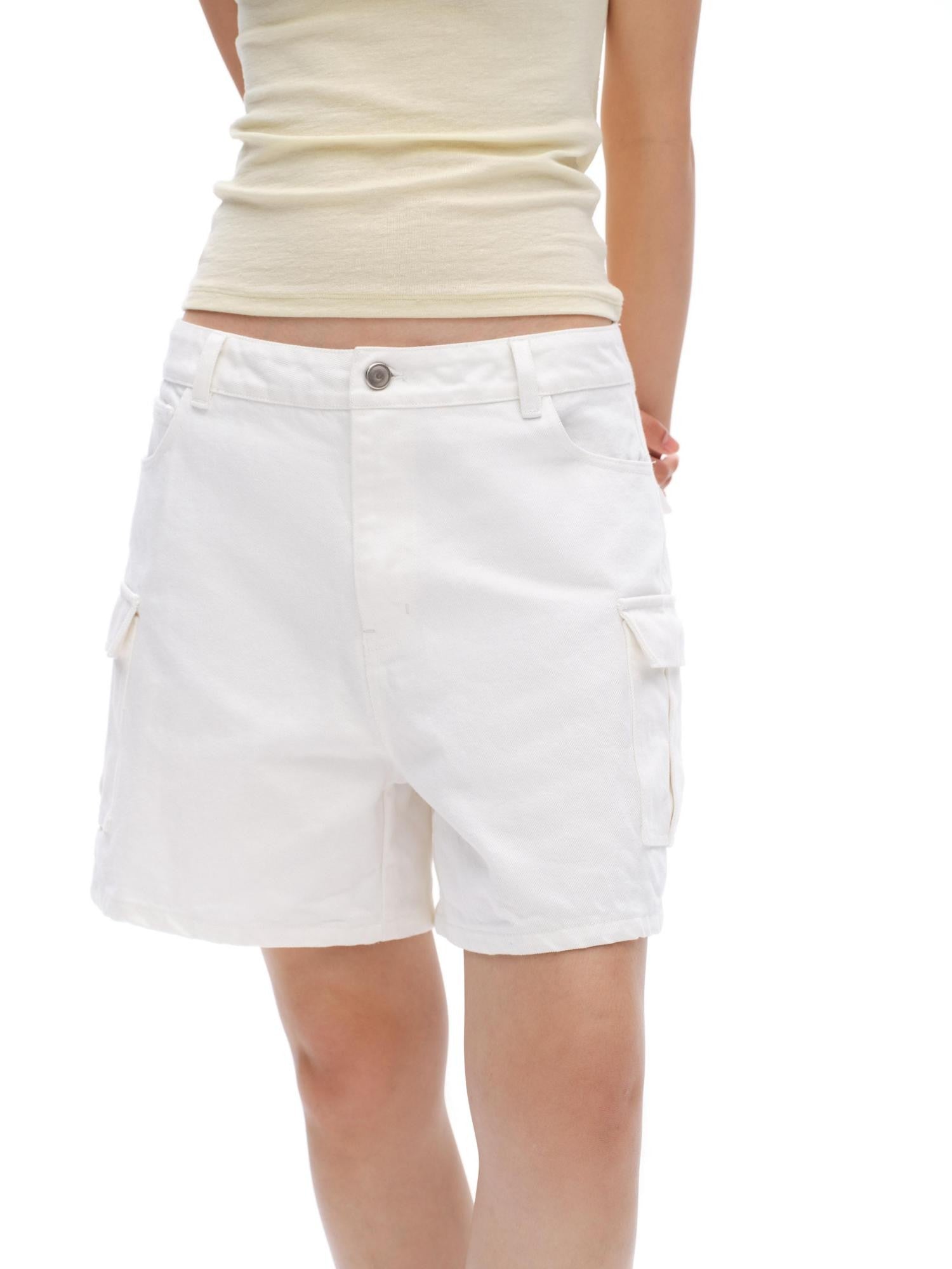 oinimi White Vintage Bermuda Cargo Button Fly Pocket Women&