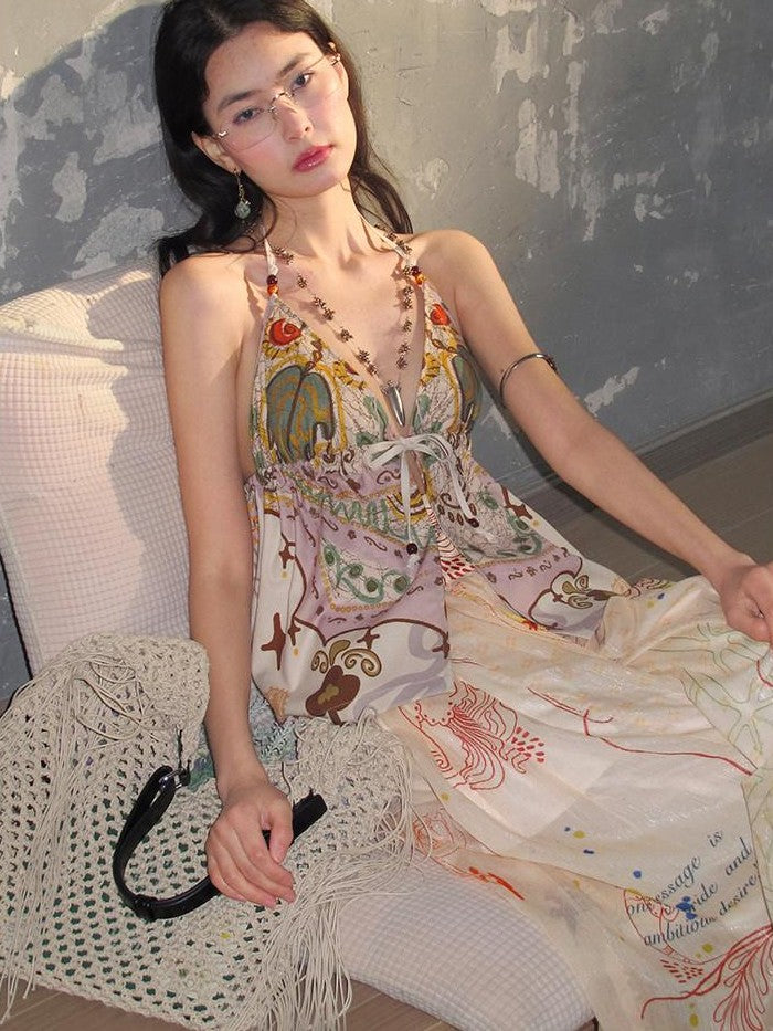 OfAkiva Bohemian Halter Tie Back Deep V Printed Slim Cropped Women&