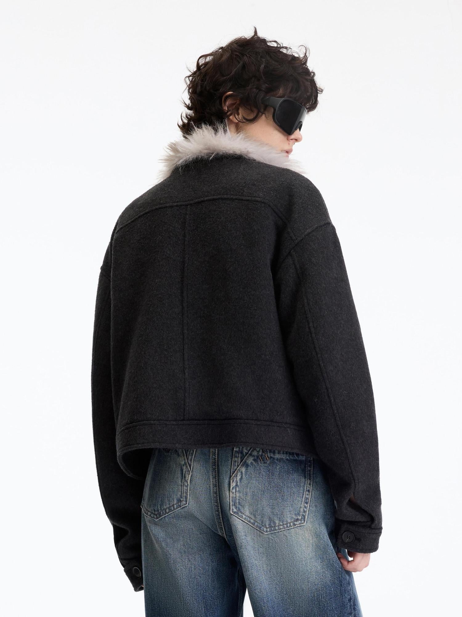 RUN TO THE FUTURE Warm Thick Patchwork Casual Zip Front Fur Collar Women Black Cardigans