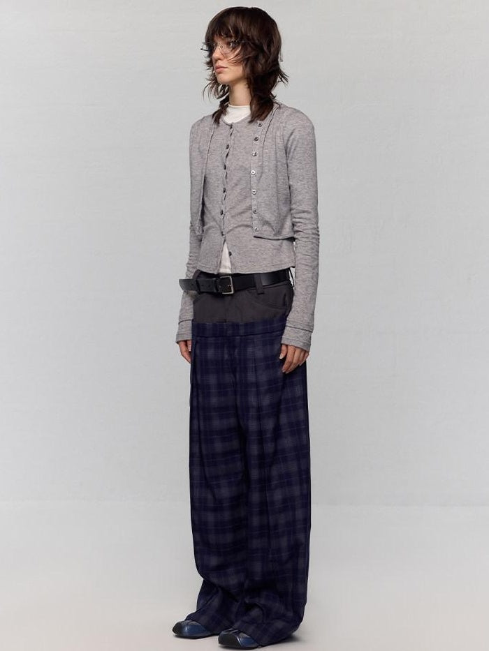 RUN TO THE FUTURE Original Double Waist Pockets Low Rise Wide Leg Women Blue Grey Plaid Chinos