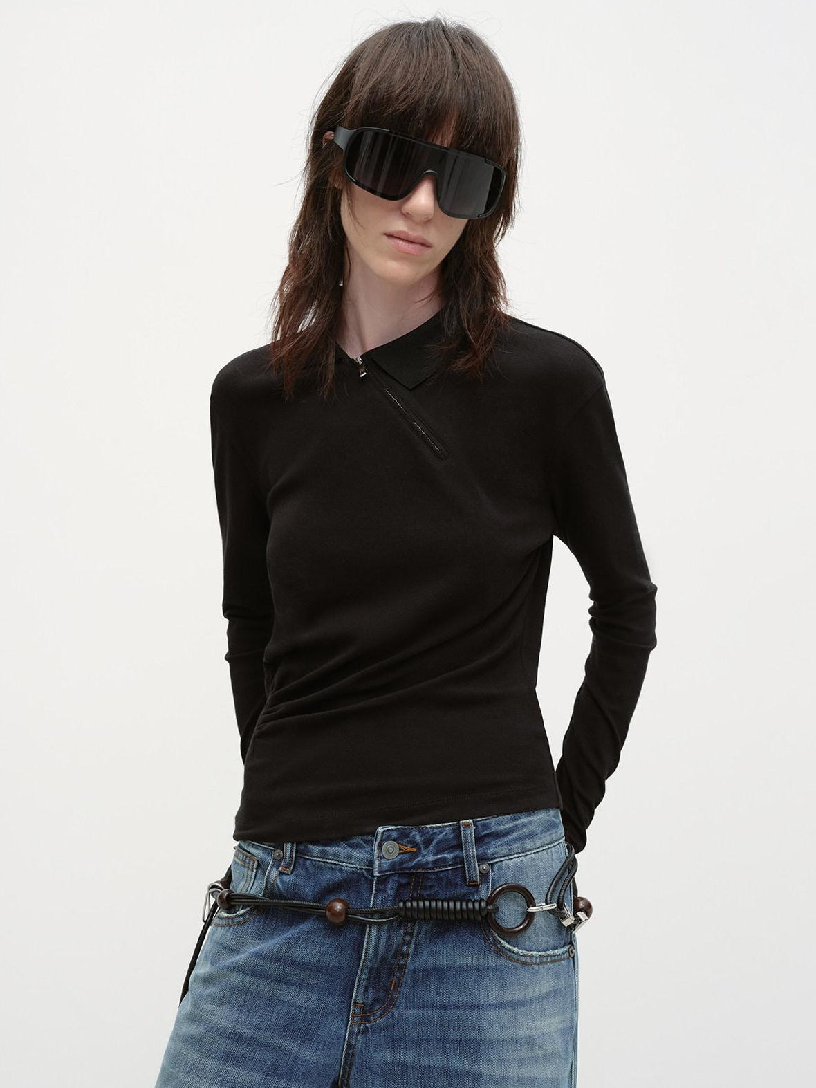 RUN TO THE FUTURE Zip Front Polo Slim Fit Classic Black Stretch Blend Long Sleeve T-Shirts