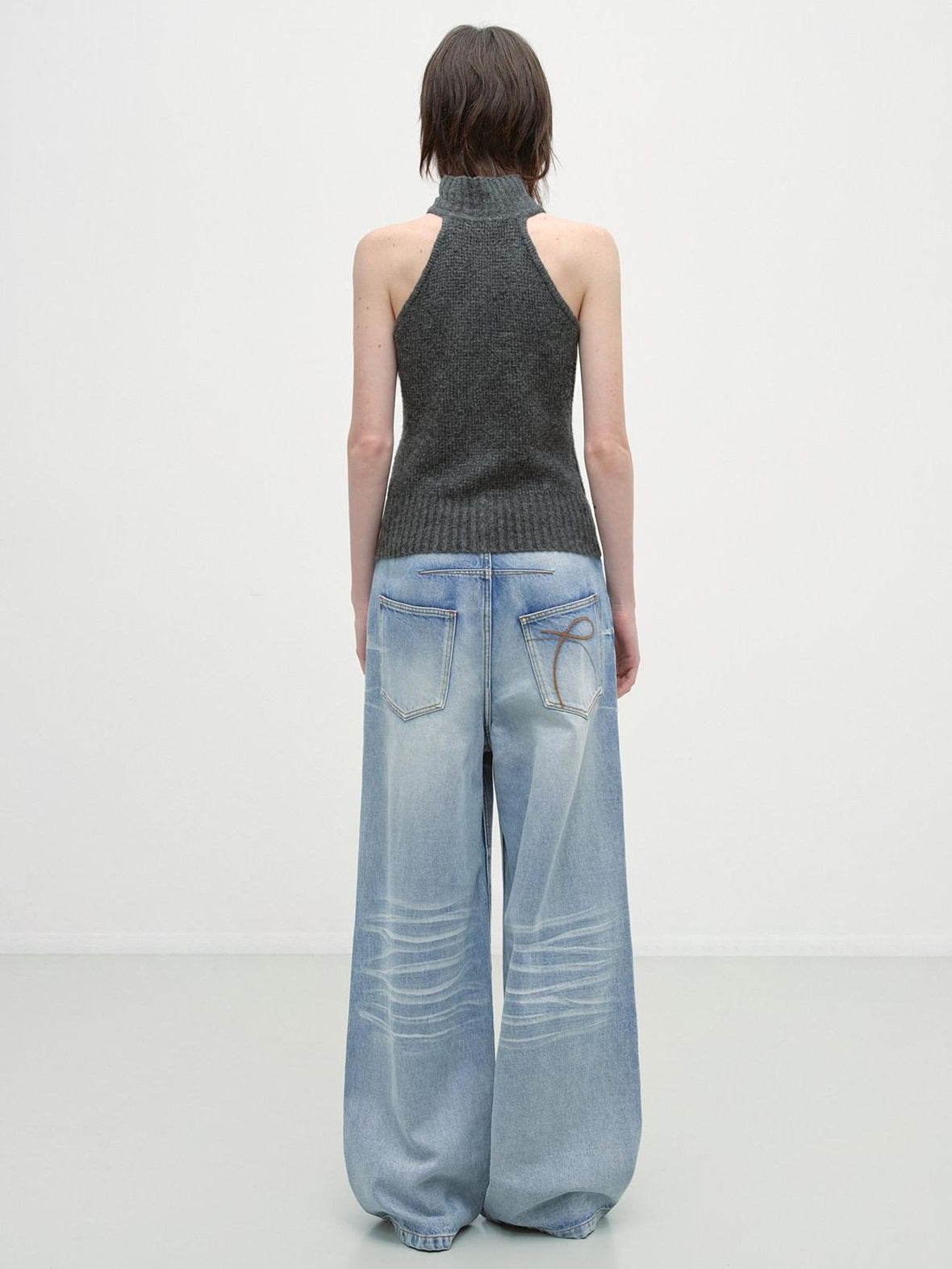 RUN TO THE FUTURE Washed Low Waist Casual Loose Fit Cotton Zipper Women Denim Blue Wide-Leg Jeans