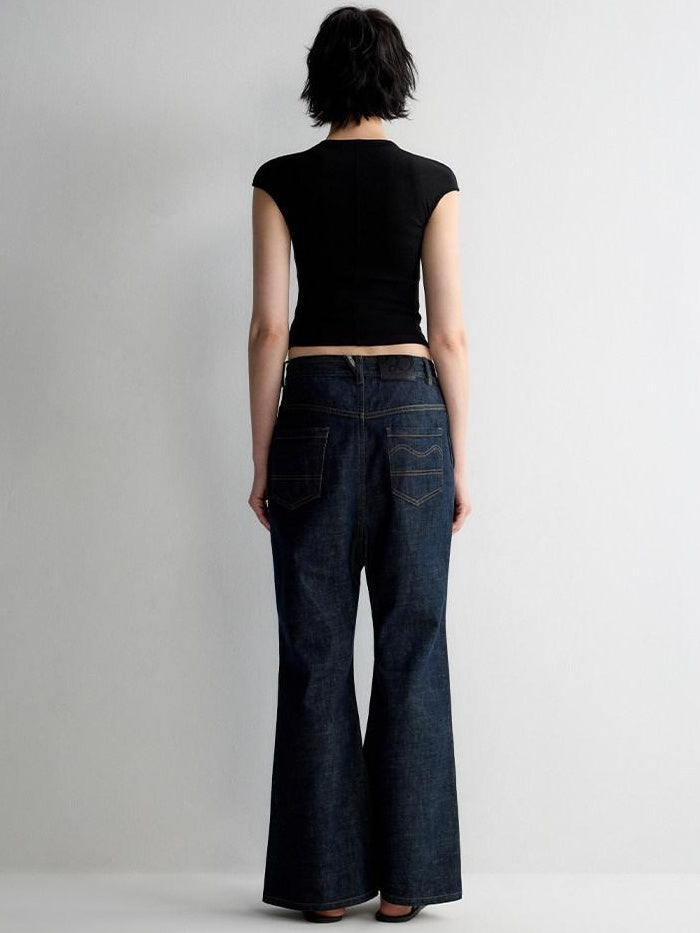 RUN TO THE FUTURE Durable Washed Casual Low Rise Wide Leg Dark Denim Flare Jeans