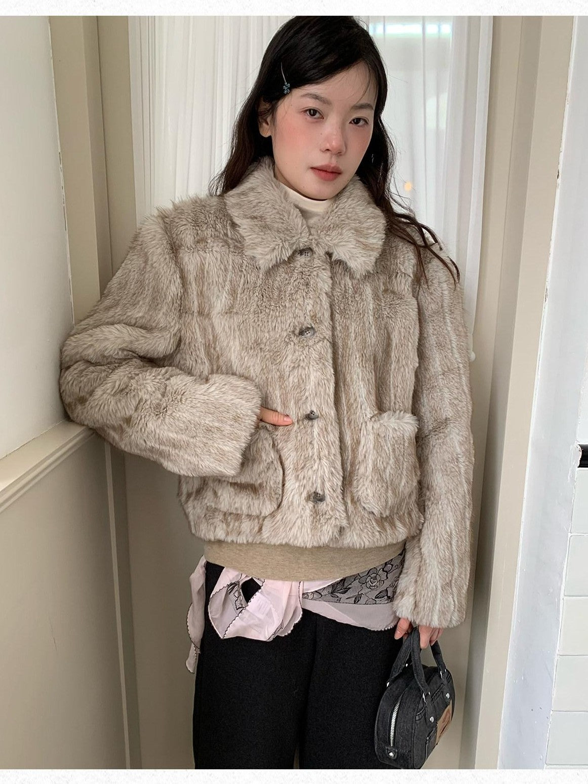 Dorydory Striped Turn Down Collar Eco Fur Textured Women&