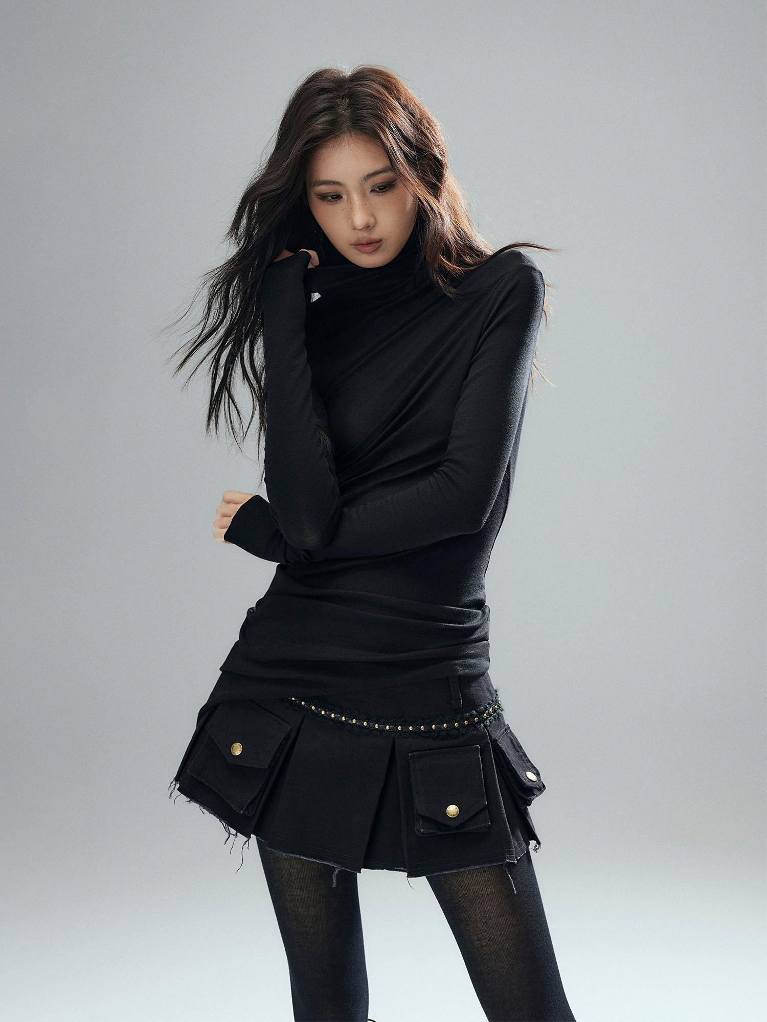 Low pixel 100% Cotton Low Waist Pleated A Line Sexy Women Daily Black Mini Skirts
