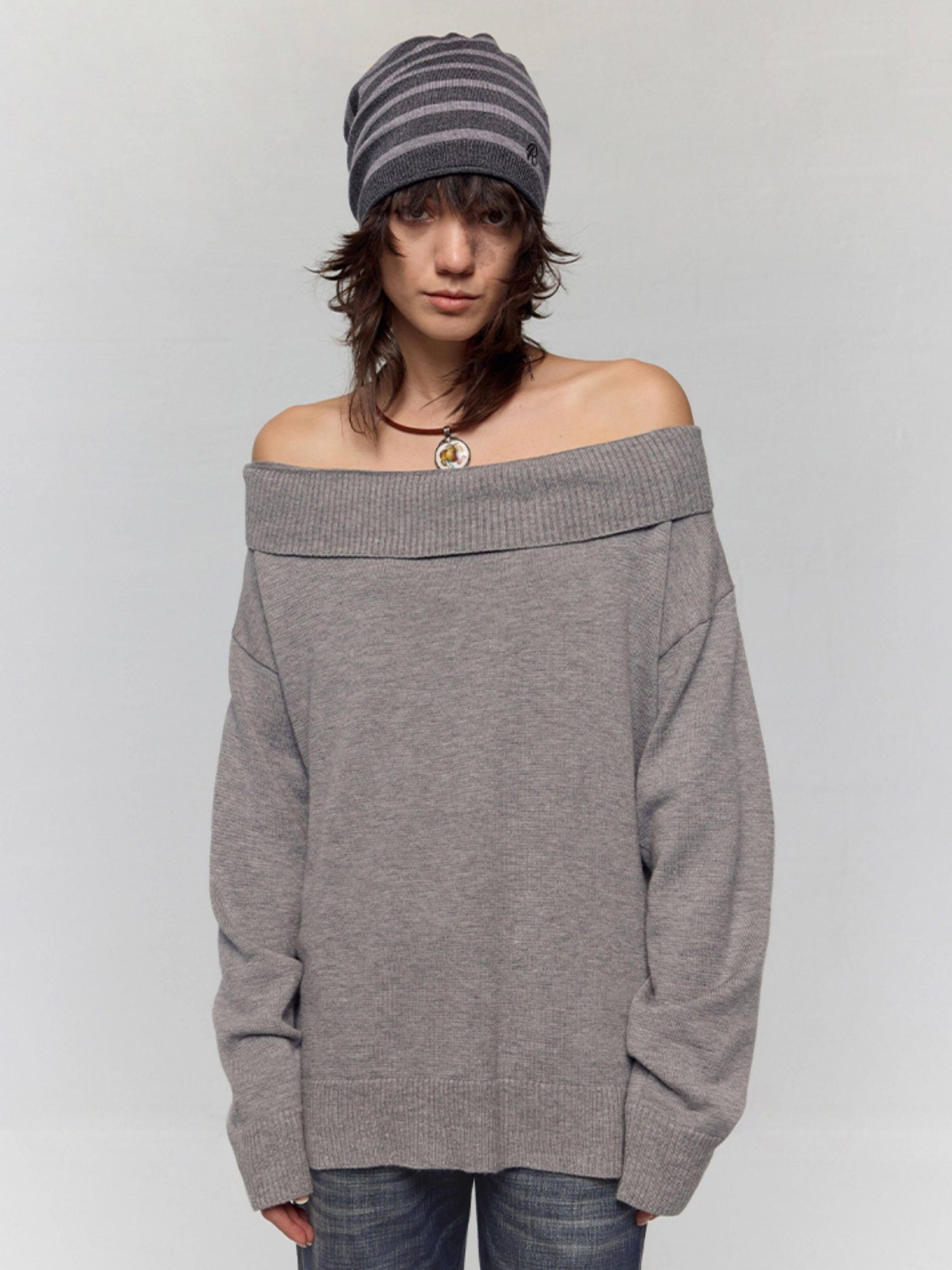 RUN TO THE FUTURE Vintage Commuter Loose Tie Asymmetric Neck Women Grey Knit Long Sleeve T-Shirts