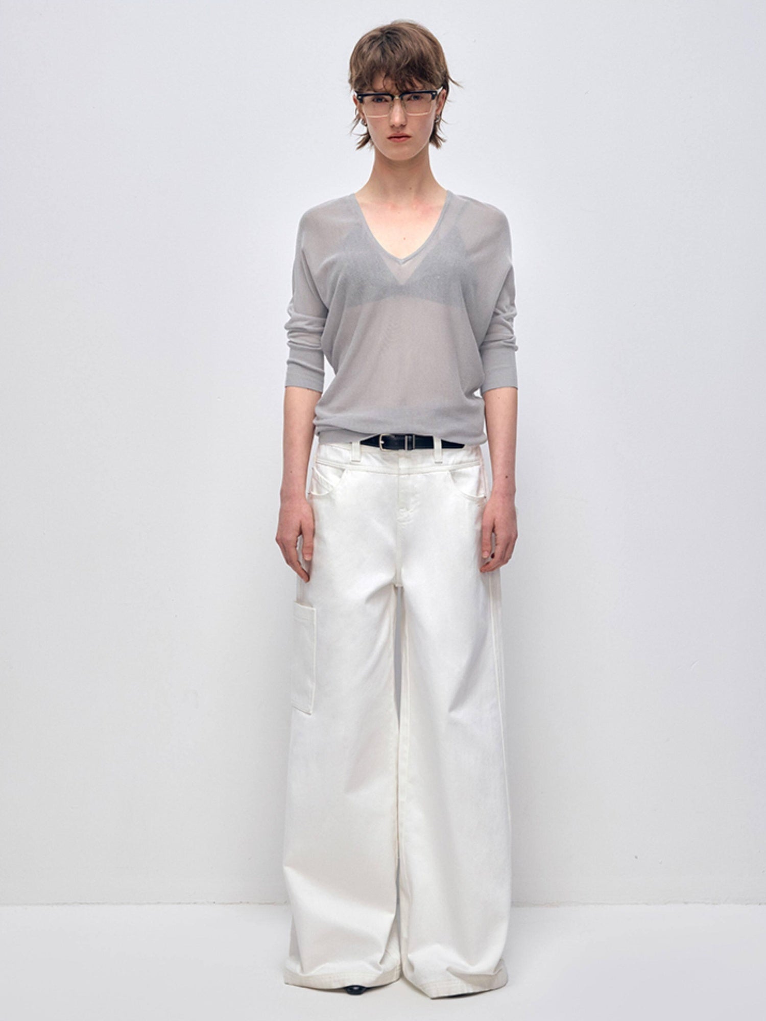 RUN TO THE FUTURE Low Rise 96 Percent Cotton Casual Loose Fit White Denim Wide-Leg Jeans