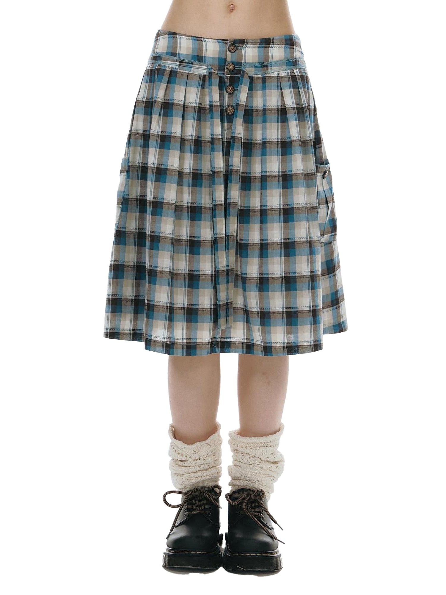 NAPSNAPS Blue Plaid Ruffle Puff Sleeve Button Tie Women&