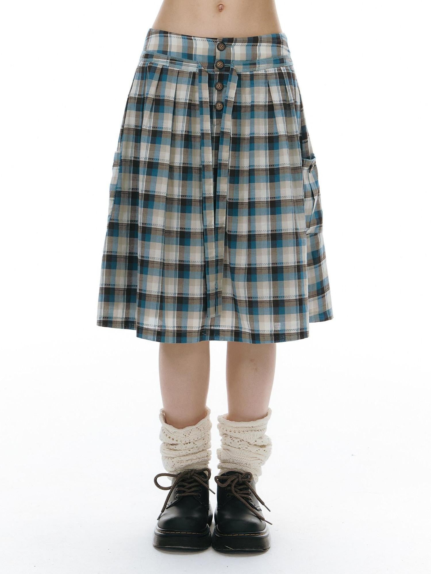 NAPSNAPS Blue Plaid Ruffle Puff Sleeve Button Tie Women&