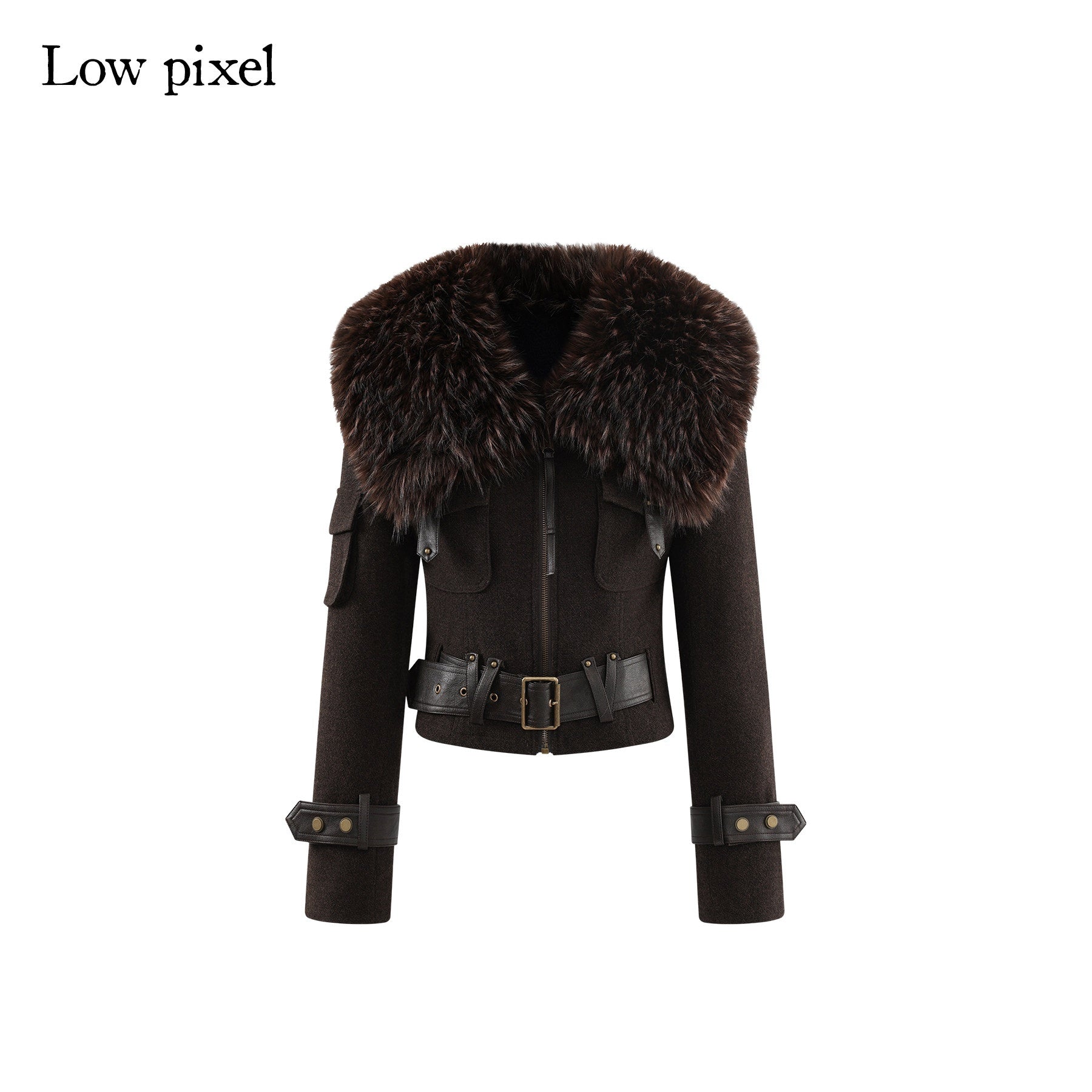 Low pixel Thick Wool Blend Slim Fit Sexy Lapel Zipper Brown Everyday Women Cropped Jackets