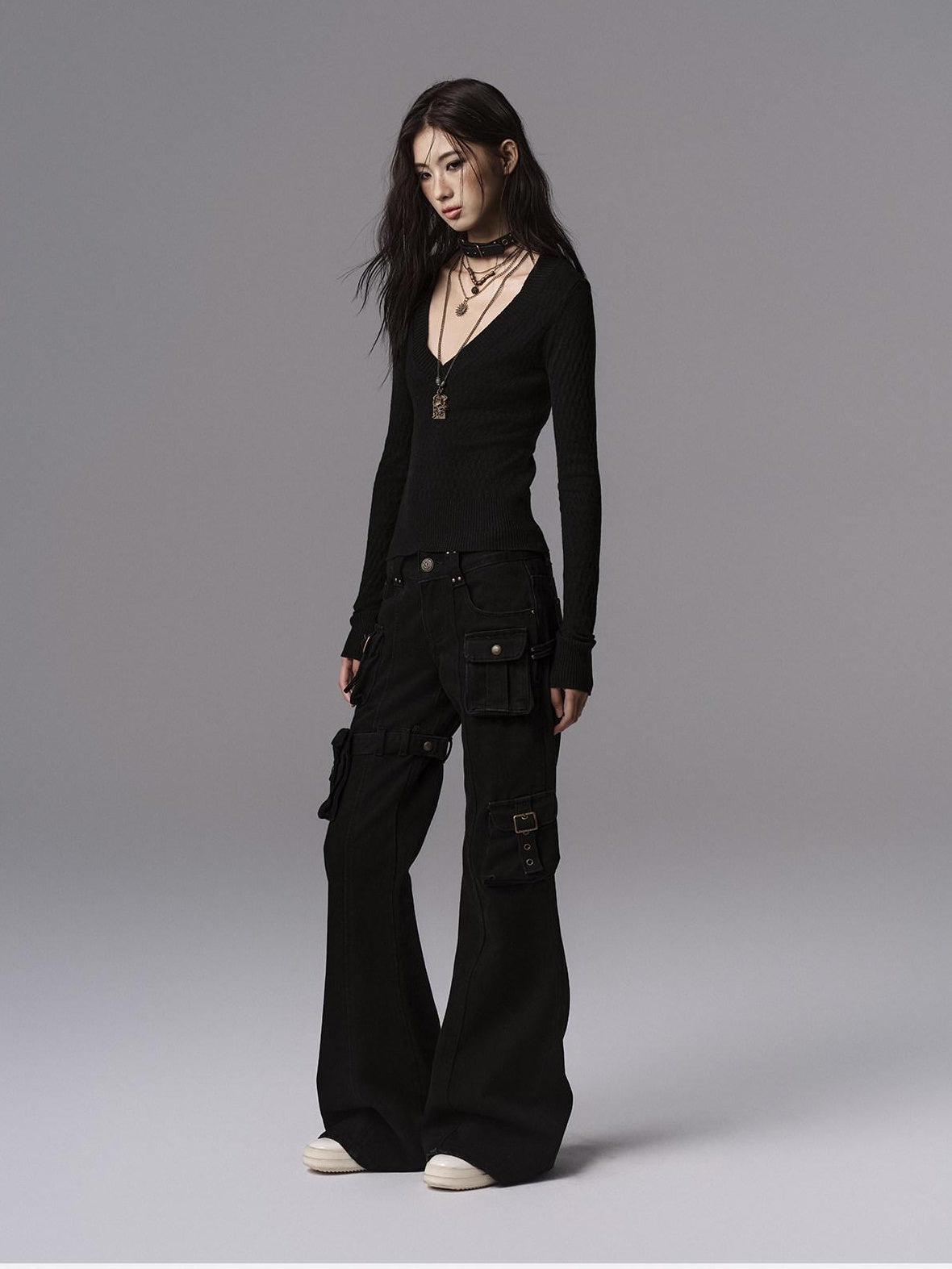 Low pixel Waist Cinched Gothic Slim V-neck Black Women Pullover Cropped Jackets