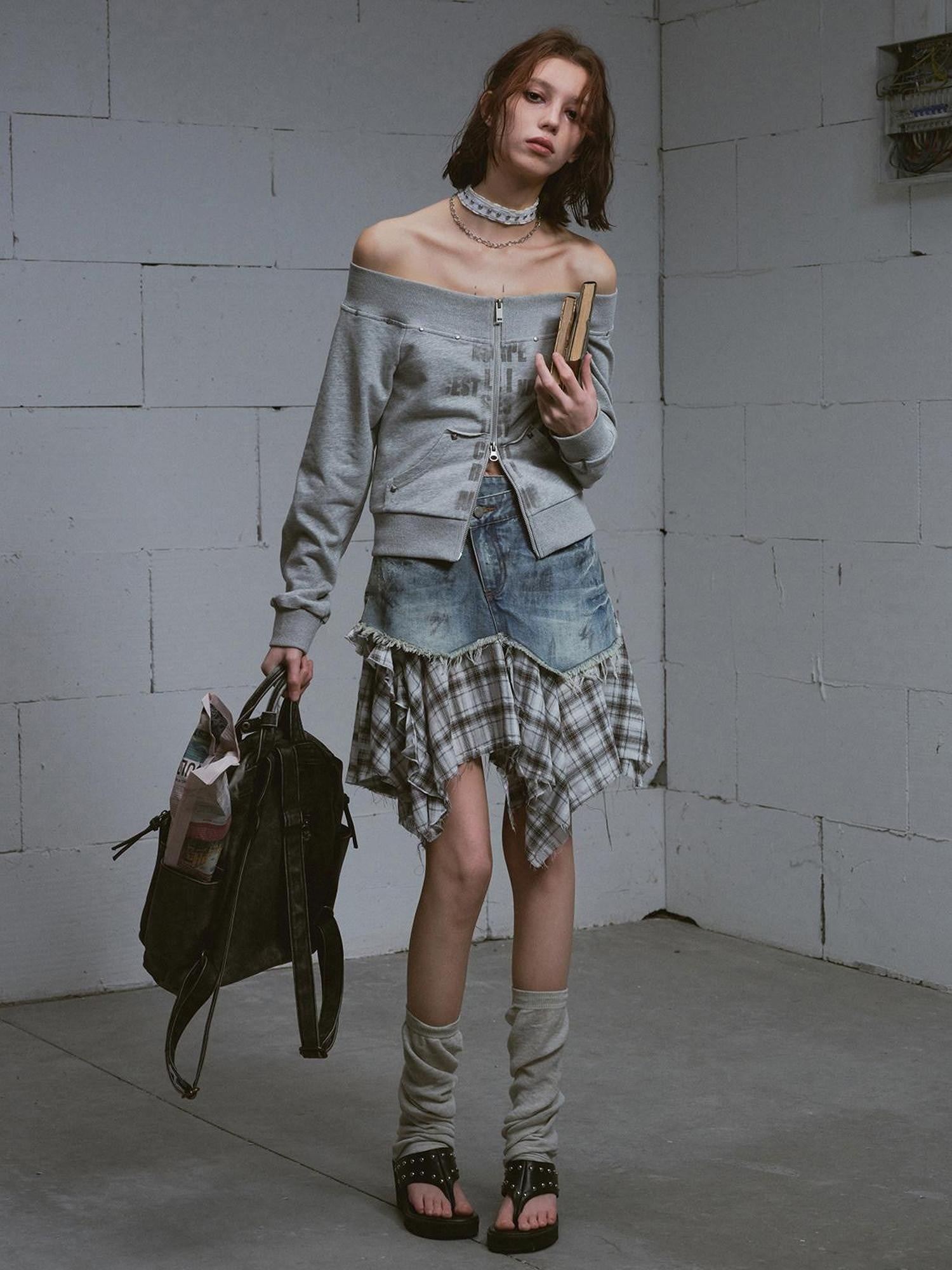 Cest Nous Washed Deconstructed Plaid Patchwork Asymmetric Women&