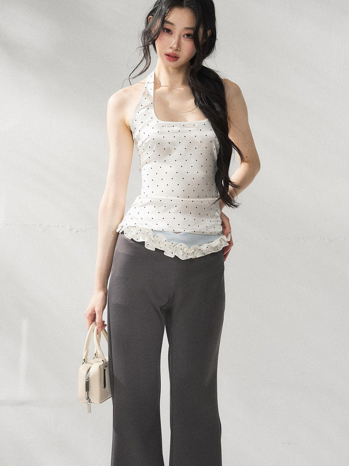7Shiftin Polka Dot Two Piece Slim Short Sleeve Shirt Women High Waist Basic Crop Tops