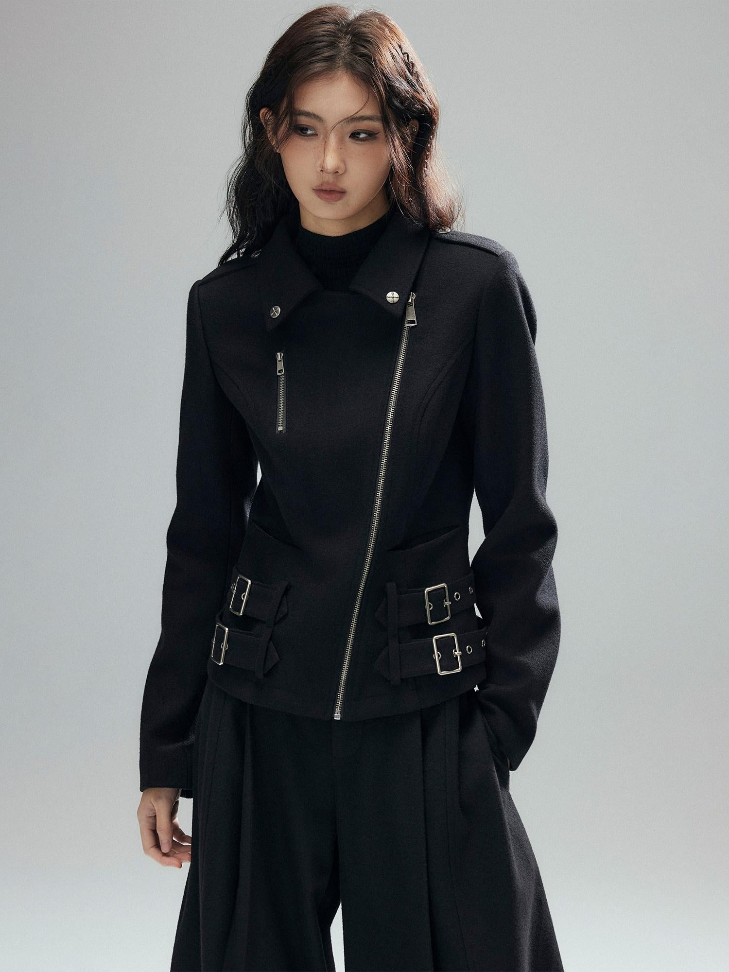 Low pixel Wool Blend Thick Slim Fit Street Euro Zip Front Black Cropped Jackets